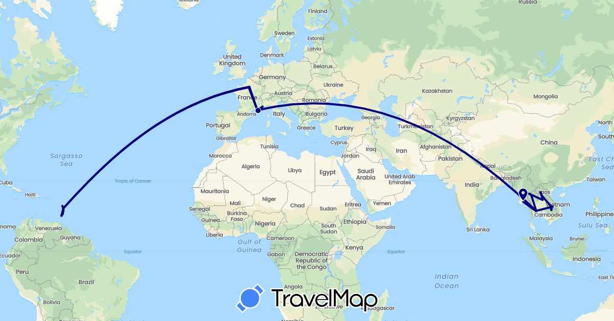 TravelMap itinerary: driving in Dominica, France, Grenada, Italy, Laos, Saint Lucia, Myanmar (Burma), Thailand, Saint Vincent and the Grenadines (Asia, Europe, North America)